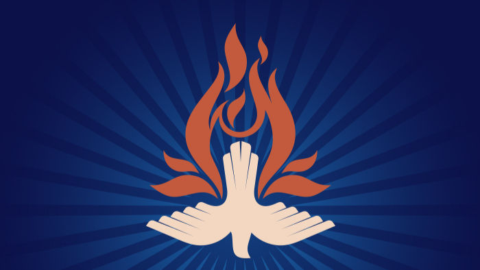 A white dove with orange fire coming from it on a blue background