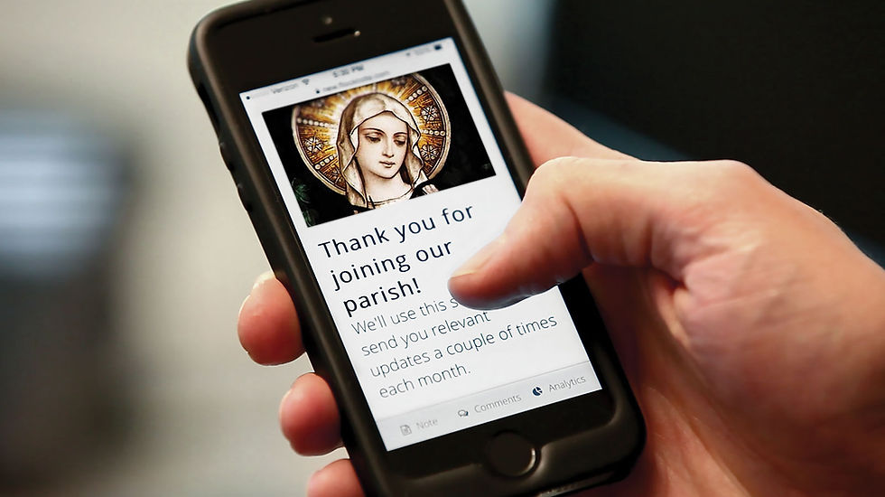 A smart phone with a photo saying "thank you for joining our parish"